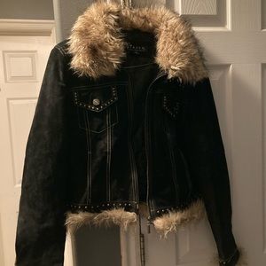 100% Leather Jacket with Faux Fur Collar on Bottom of Sleeves
